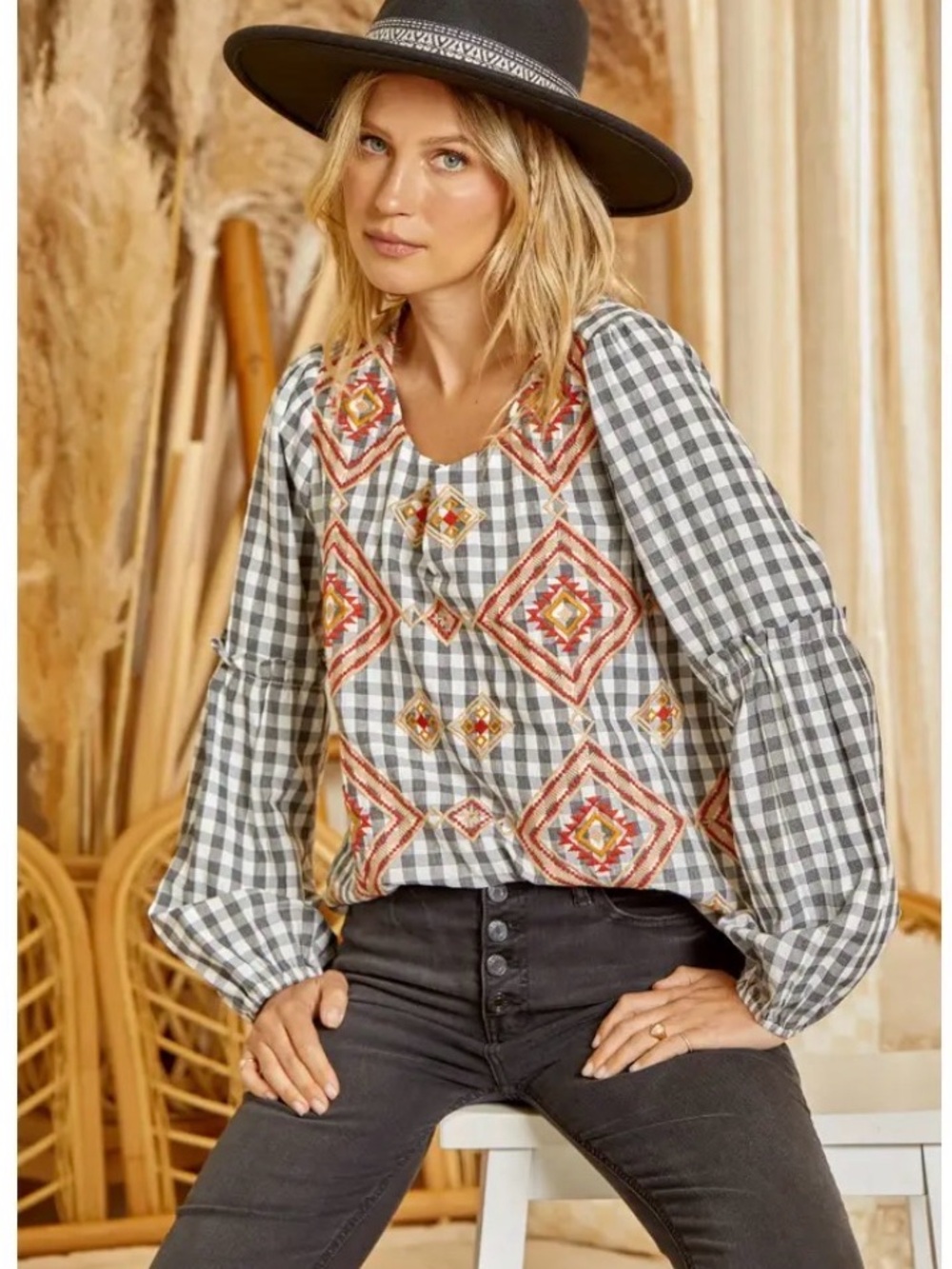 Savanna Jane Black & White Gingham Embroidered Peasant Blouse S